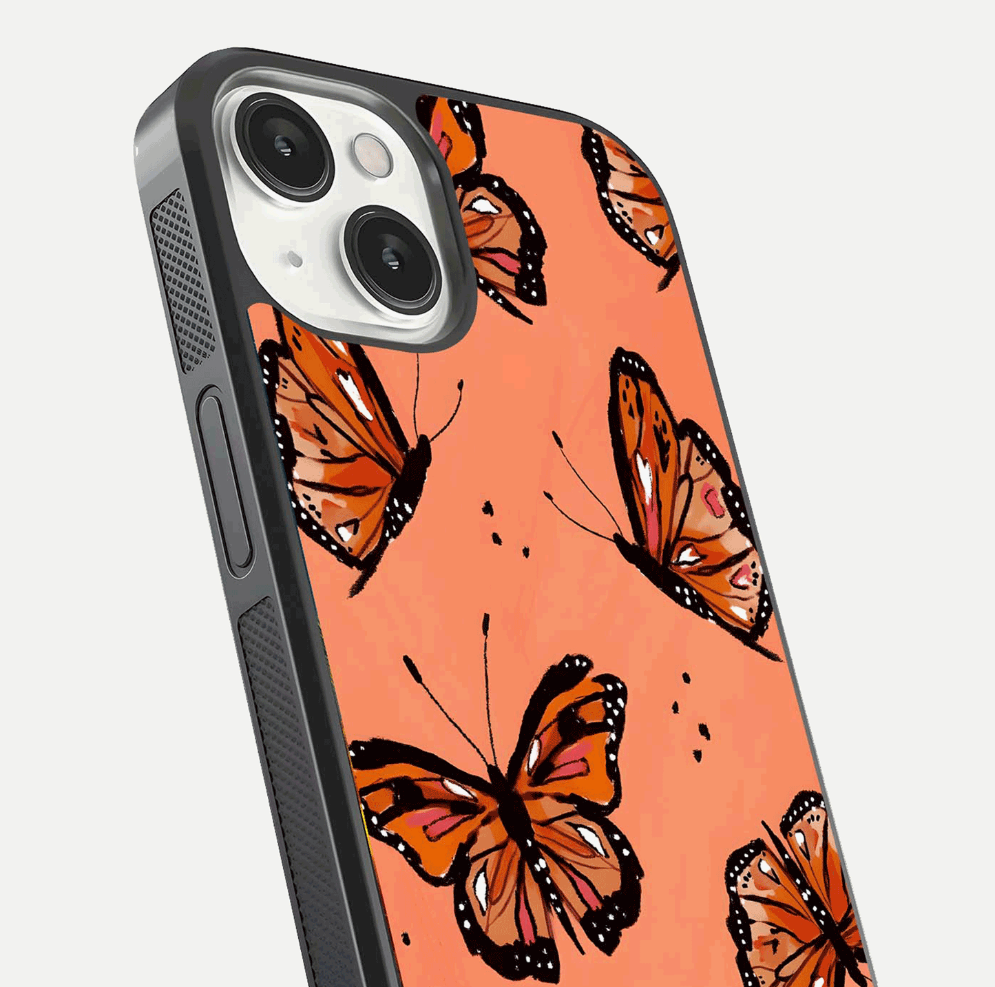 Coral Wing Butterfly Glass Case for iPhone 13 Mini close-up highlighting wing pattern, coral tones, and reflection shine