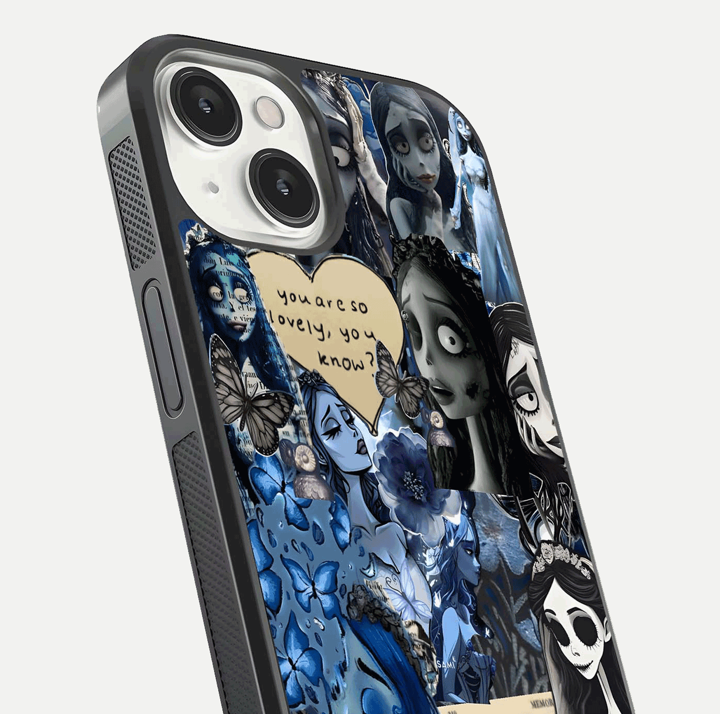 Corpse Bride Posters Glass Case for iPhone 13 Mini close-up highlighting detailed artwork and reflection polish