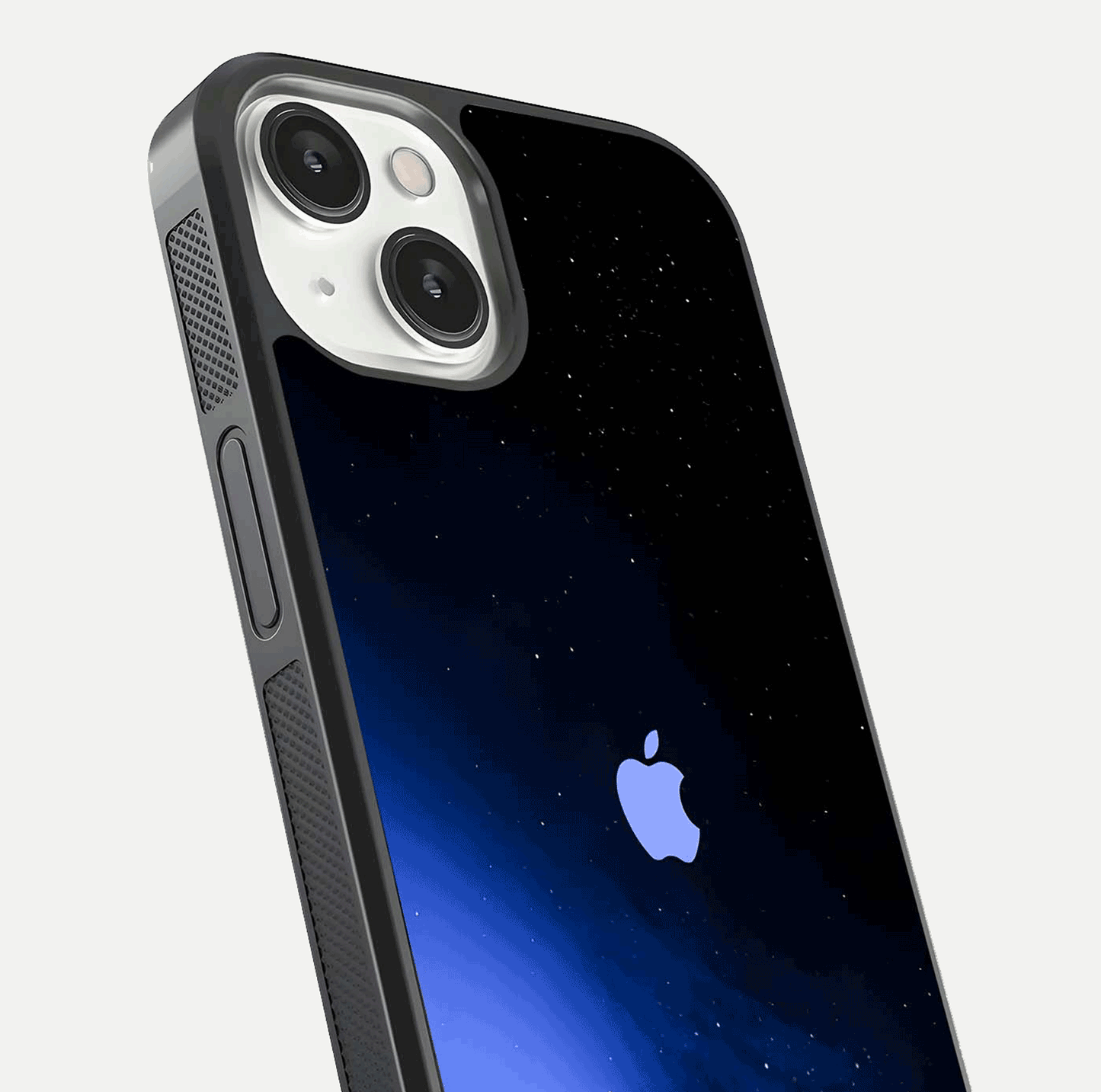 Cosmic Blue Apple Glass Case for iPhone 13 Mini close-up highlighting galaxy pattern, shine, and reflection detail