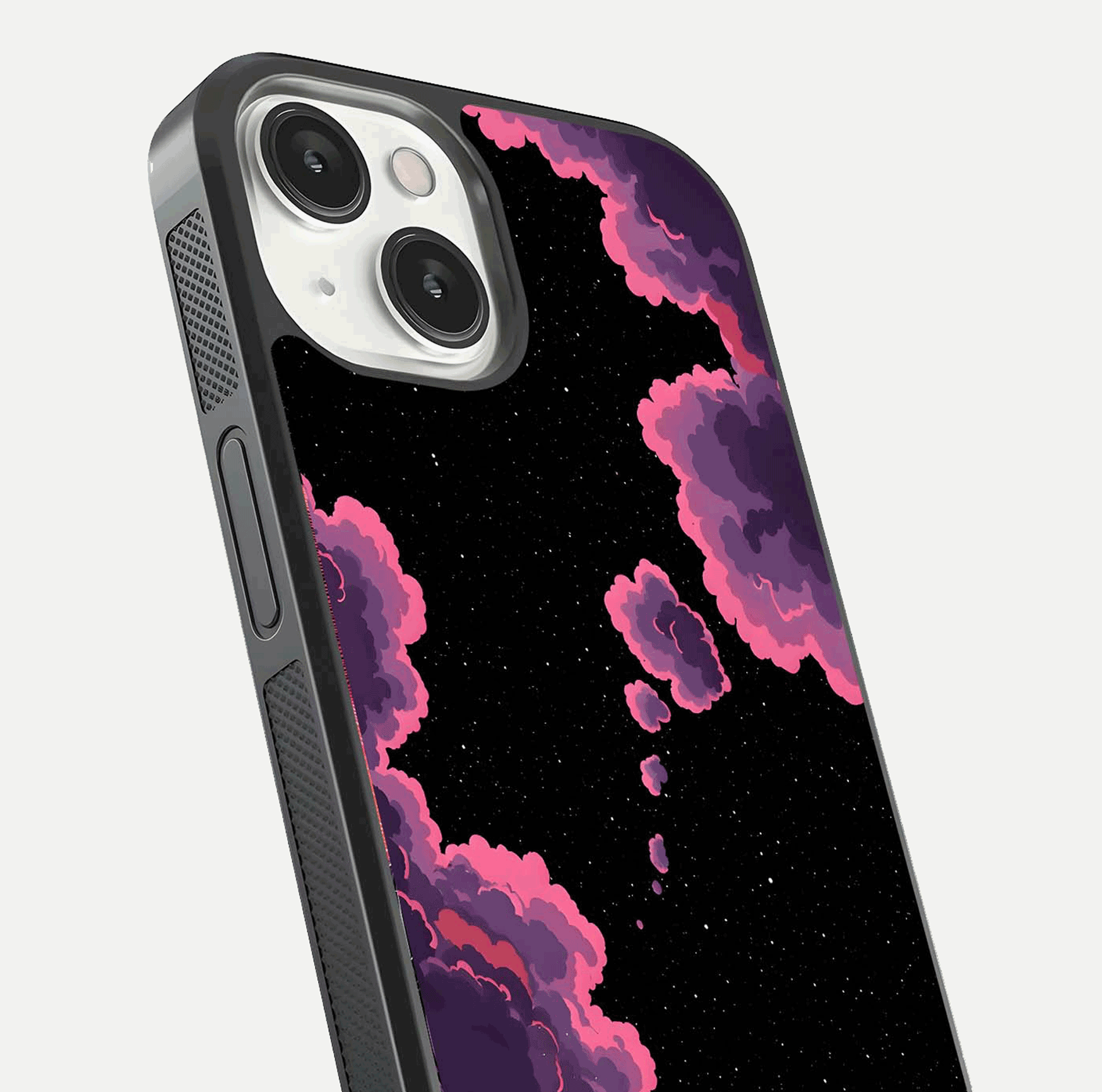 Cosmic Cloud Journey Glass Case for iPhone 13 Mini close-up highlighting star clusters and reflection texture