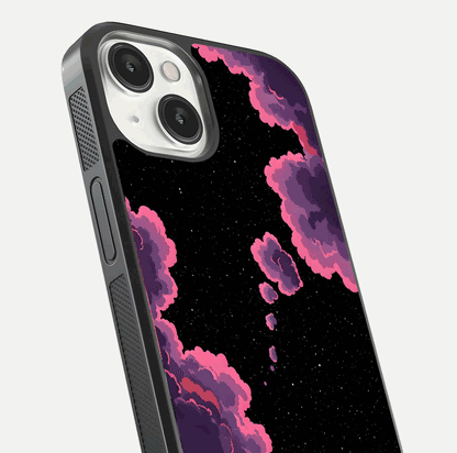 Cosmic Cloud Journey Glass Case for iPhone 13 Mini close-up highlighting star clusters and reflection texture