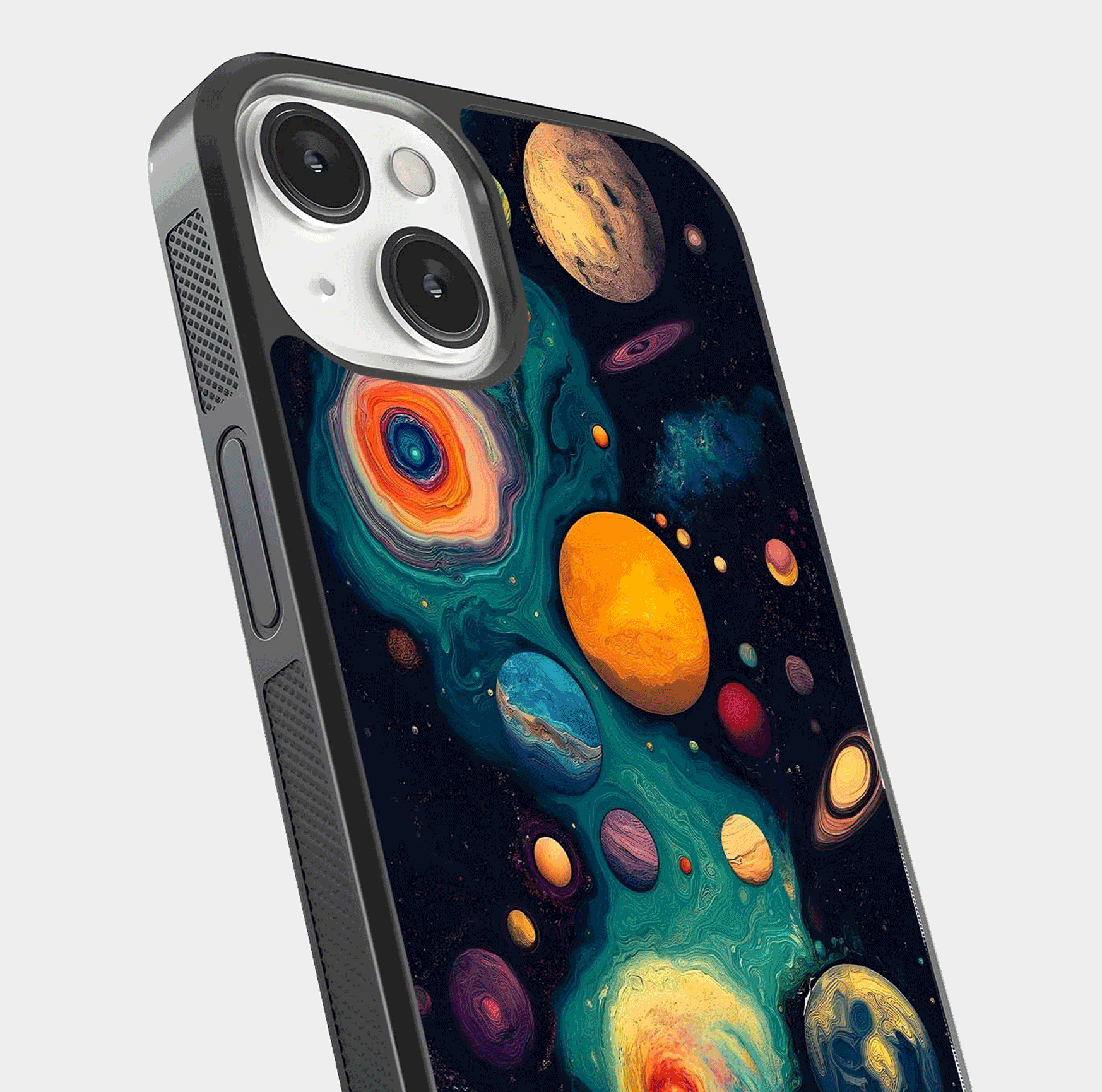 Cosmic Planet Journey Glass Case for iPhone 13 Mini close-up highlighting planets, stars, and shine reflection
