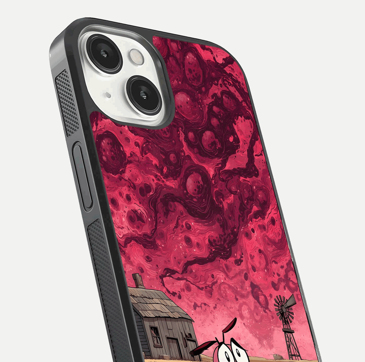Courage Under Sky Glass Case for iPhone 13 Mini close-up highlighting typography and HD reflection
