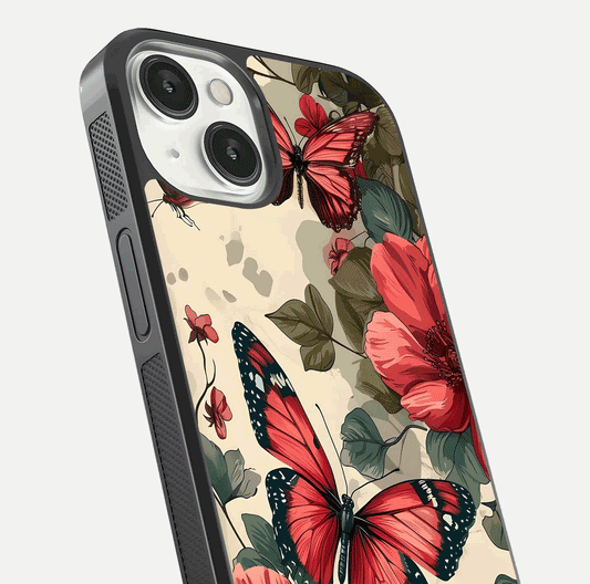 Crimson Butterfly Garden Glass Case for iPhone 13 Mini close-up showing wing detail and reflection shine
