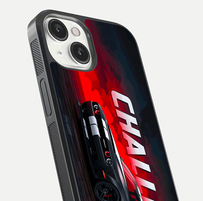 Crimson Challenger Fury Glass Case for iPhone 13 Mini close-up highlighting car details and reflection depth
