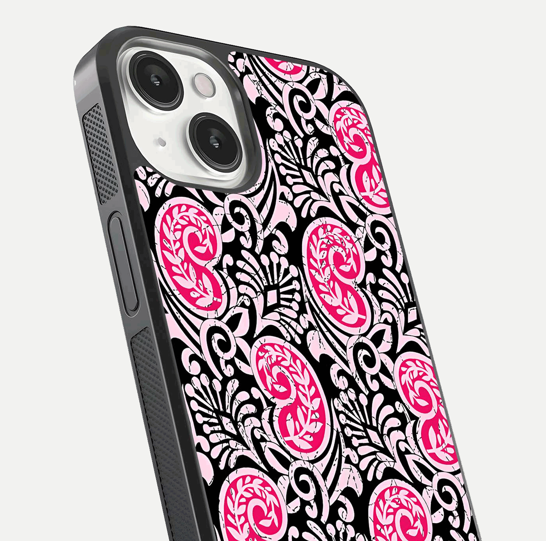 Crimson Paisley Charm Glass Case for iPhone 13 Mini close-up highlighting fine pattern detail and reflection tone
