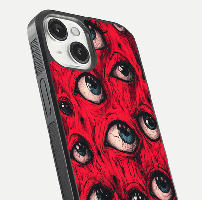Crimson Watch Eyes Glass Case for iPhone 13 Mini close-up highlighting graphic detail and reflection