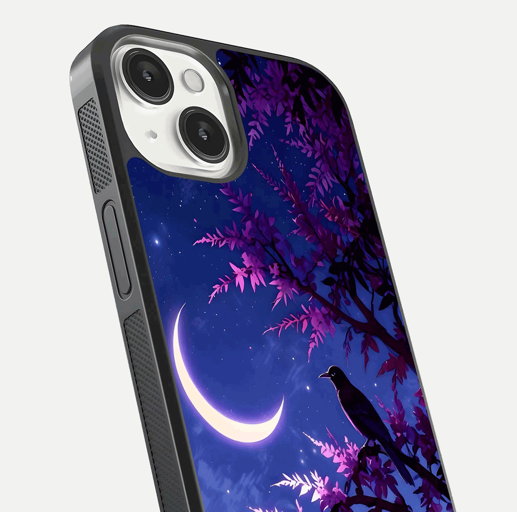 Crow & Moon Scenery Glass Case for iPhone 13 Mini close-up highlighting moon detail, dark tones, and glass reflection