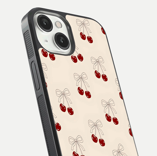 Cute Cherry Pattern Glass Case for iPhone 13 Mini close-up showing cherry cluster details and light reflection