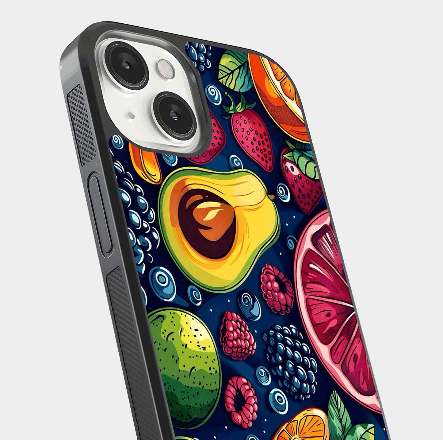 Cute Fruits Art Glass Case for iPhone 13 Mini close-up highlighting fruit shapes, color tones, and reflection polish