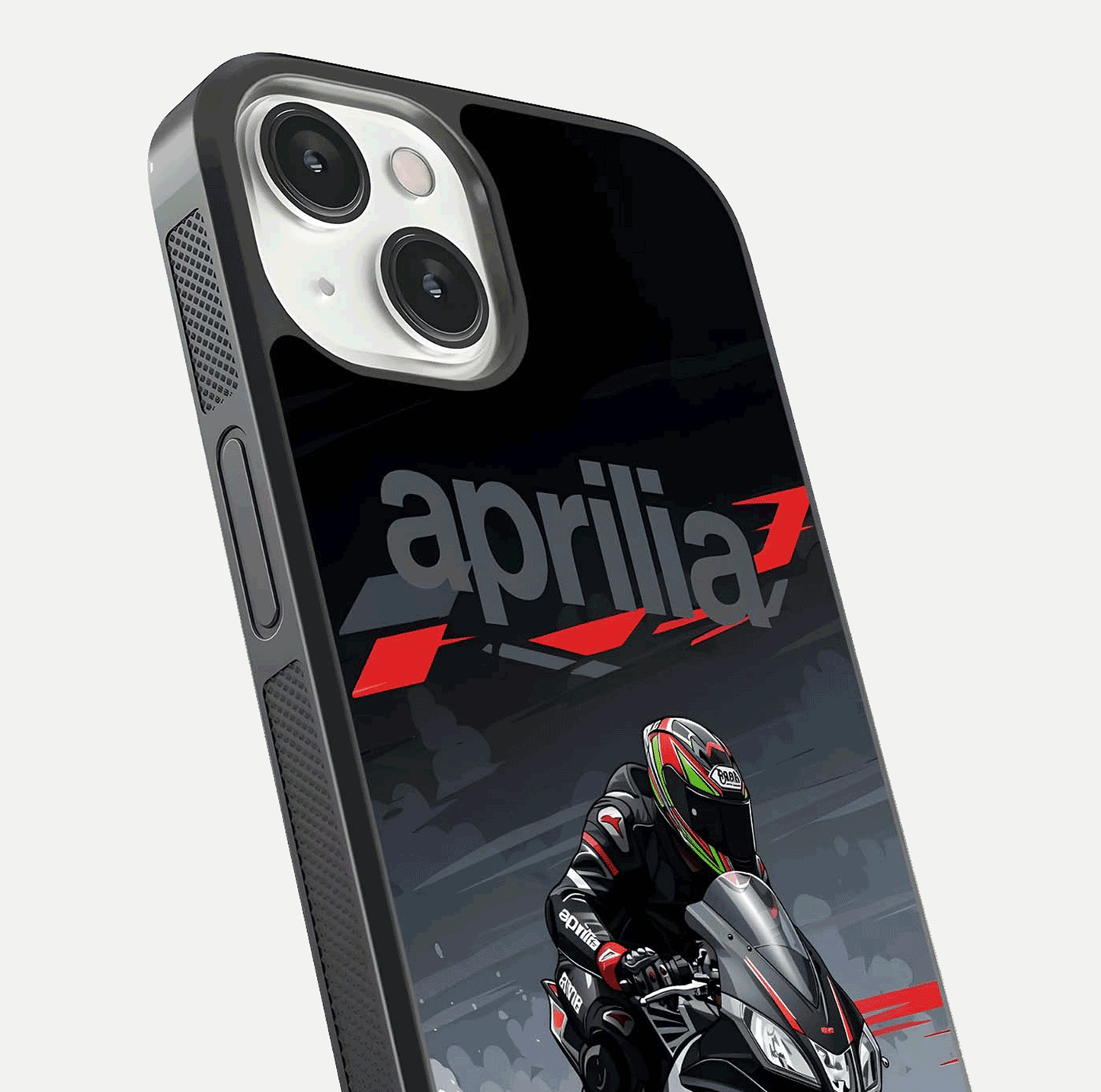 Dark Aprilla Glass Case for iPhone 13 Mini close-up highlighting detailing and reflection effect