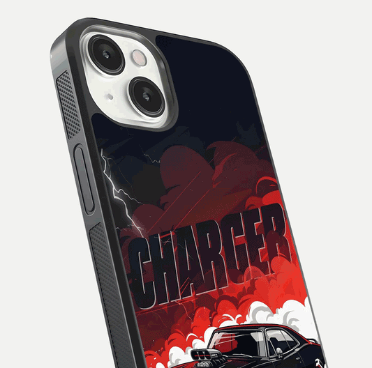Dark Charger Fury Glass Case for iPhone 13 Mini close-up highlighting car reflection and light gloss