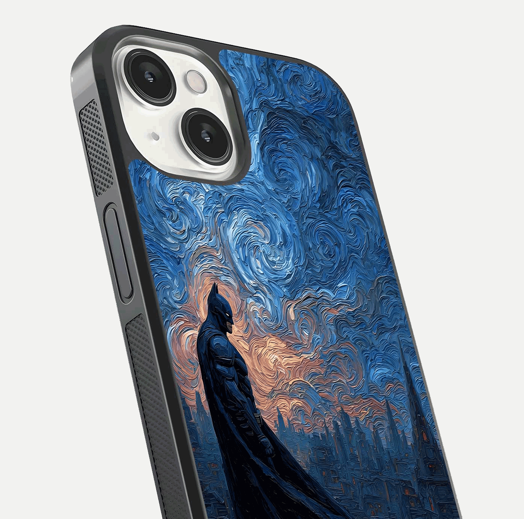 Dark Knight Dusk Glass Case for iPhone 13 Mini close-up highlighting dark suit texture and reflection detail
