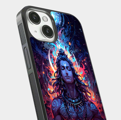 Divine Fire Shiv Glass Case for iPhone 13 Mini close-up highlighting divine detailing and reflection depth