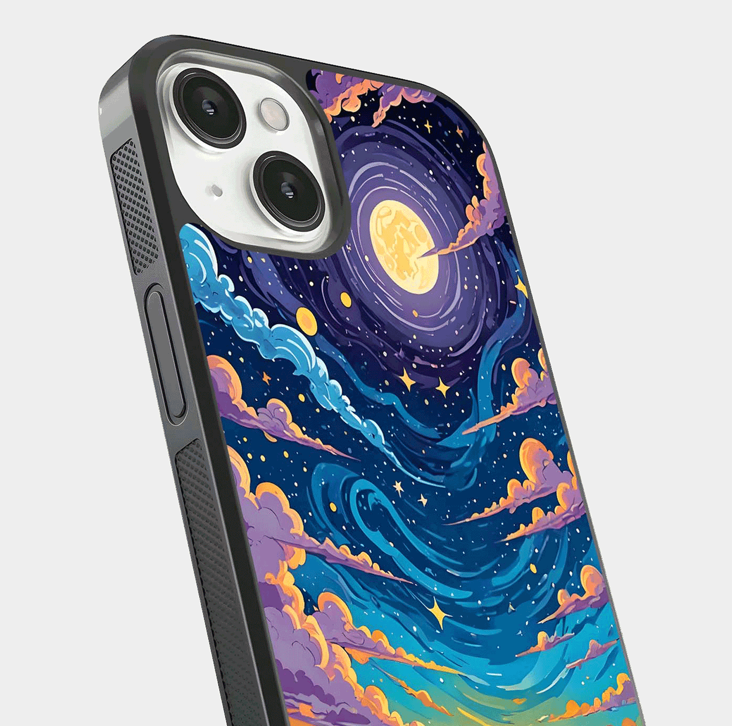 Dreamy Night Landscape Glass Case for iPhone 13 Mini close-up highlighting stars and reflection tone