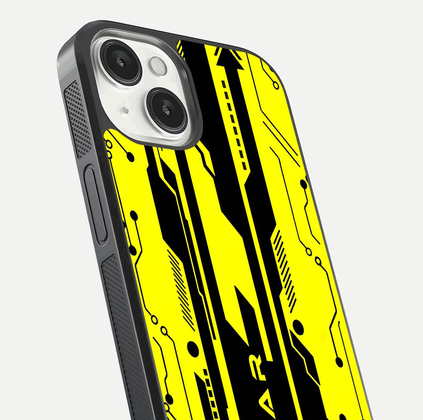 Electric Pulse CYBERPUNK Custom Name Glass Case for iPhone 13 Mini close-up highlighting tech pattern, lighting effect, and reflection shine