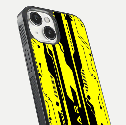 Electric Pulse CYBERPUNK Custom Name Glass Case for iPhone 13 Mini close-up highlighting tech pattern, lighting effect, and reflection shine