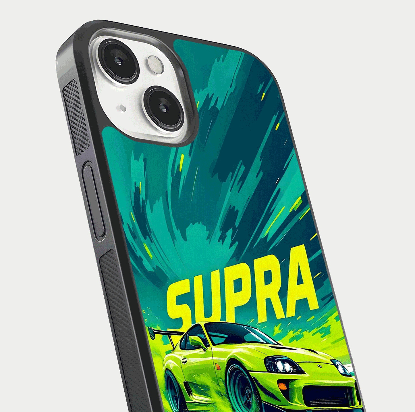 Electric Supra Thunder Glass Case for iPhone 13 Mini close-up highlighting car reflection, neon tones, and gloss polish