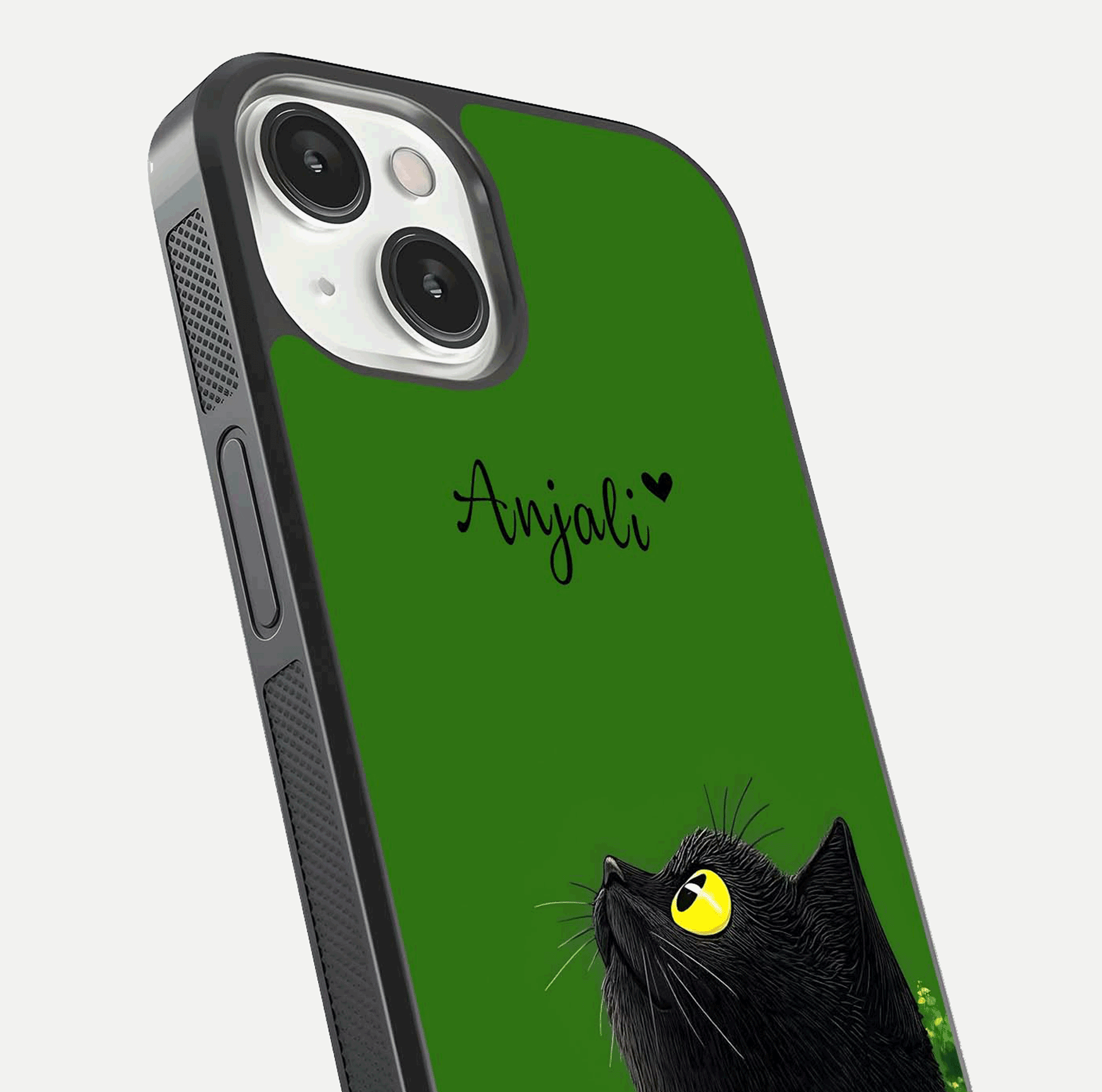 Emerald Cat Custom Name Glass Case for iPhone 13 Mini close-up highlighting feline detail, emerald hues, and reflection polish