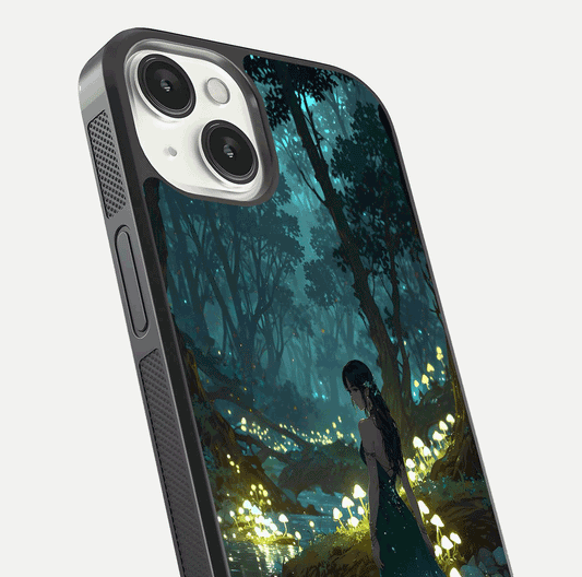 Enchanted Forest Glow Glass Case for iPhone 13 Mini close-up highlighting trees, lights, and reflection texture