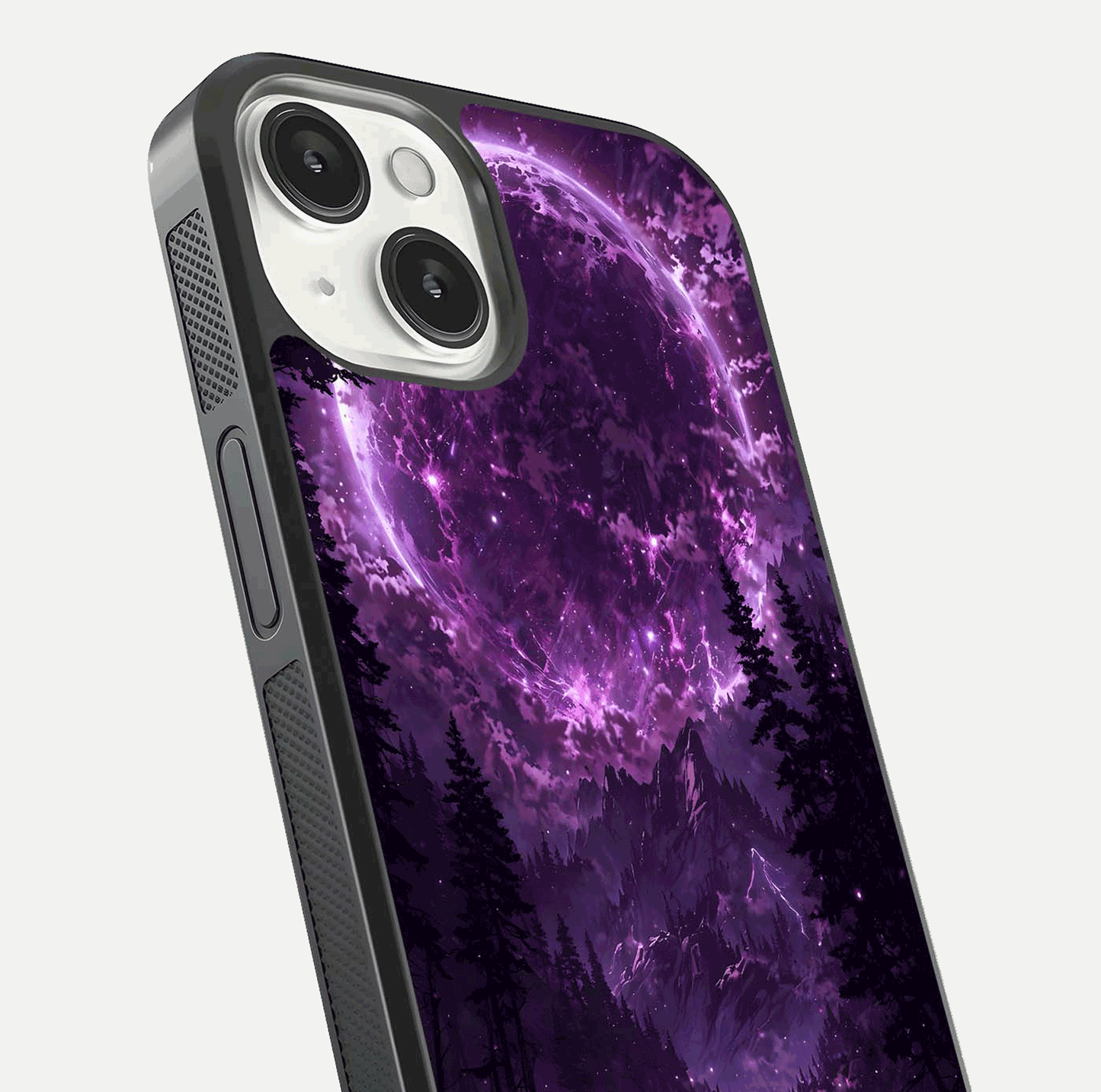 Eternal Cosmic Drive Glass Case for iPhone 13 Mini close-up highlighting cosmic lights and reflection depth