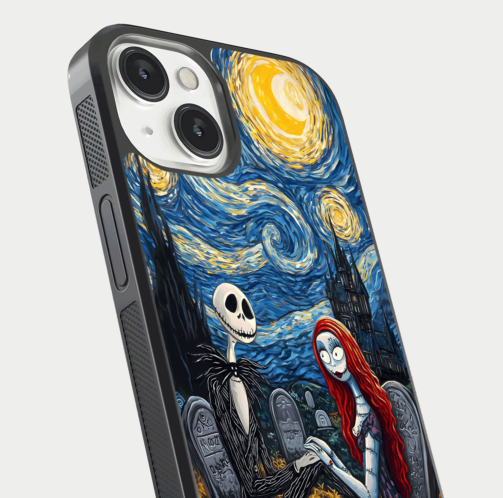 Eternal Night Love Glass Case for iPhone 13 Mini close-up highlighting stars and reflection glow