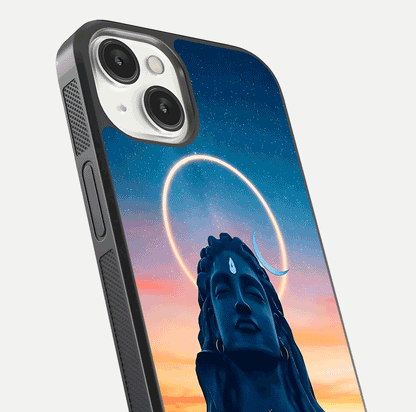 Eternal Shiva Aura Glass Case for iPhone 13 Mini close-up highlighting divine detailing and reflection light
