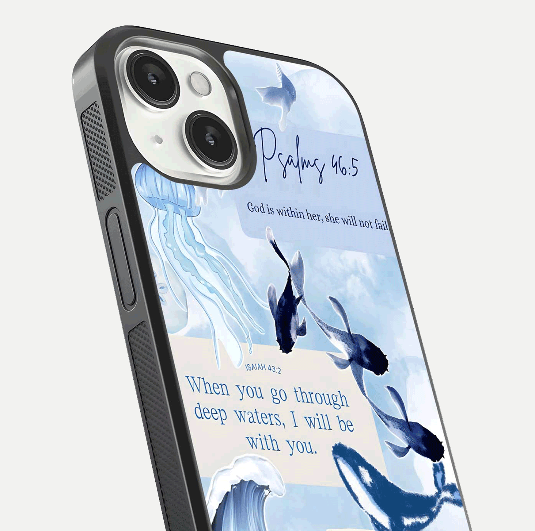 Faithful Ocean Promise Glass Case for iPhone 13 Mini close-up highlighting water reflection and serene blue tones