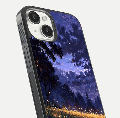 Firefly Meadow Magic Glass Case for iPhone 13 Mini close-up highlighting luminous firefly light and reflection detail