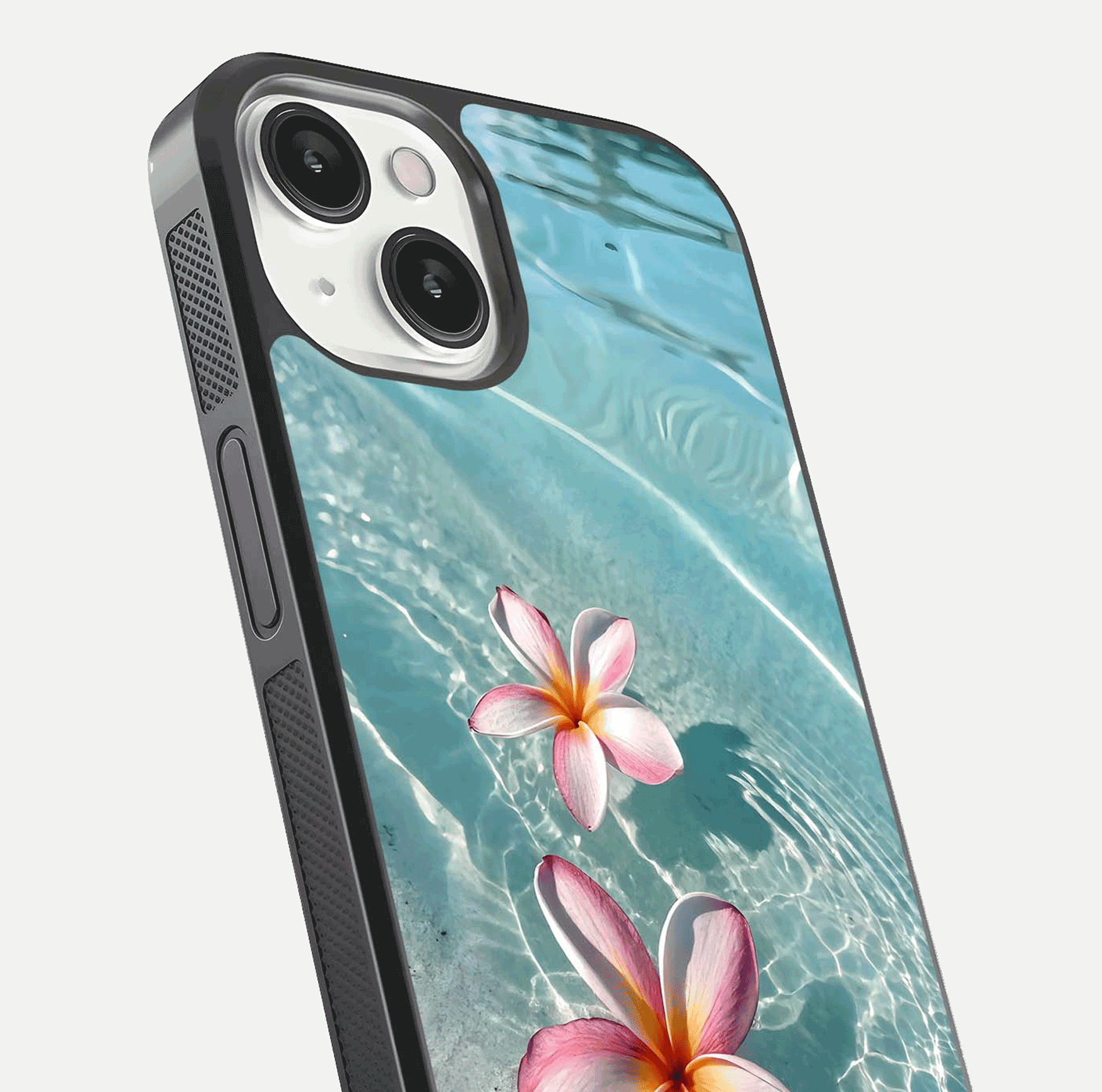 Floating Bloom Bliss Glass Case for iPhone 13 Mini close-up highlighting petal detail and reflection tone