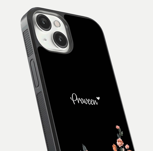 Floral Design Personalized Custom Name Glass Case for iPhone 13 Mini close-up highlighting name clarity, petals, and gloss
