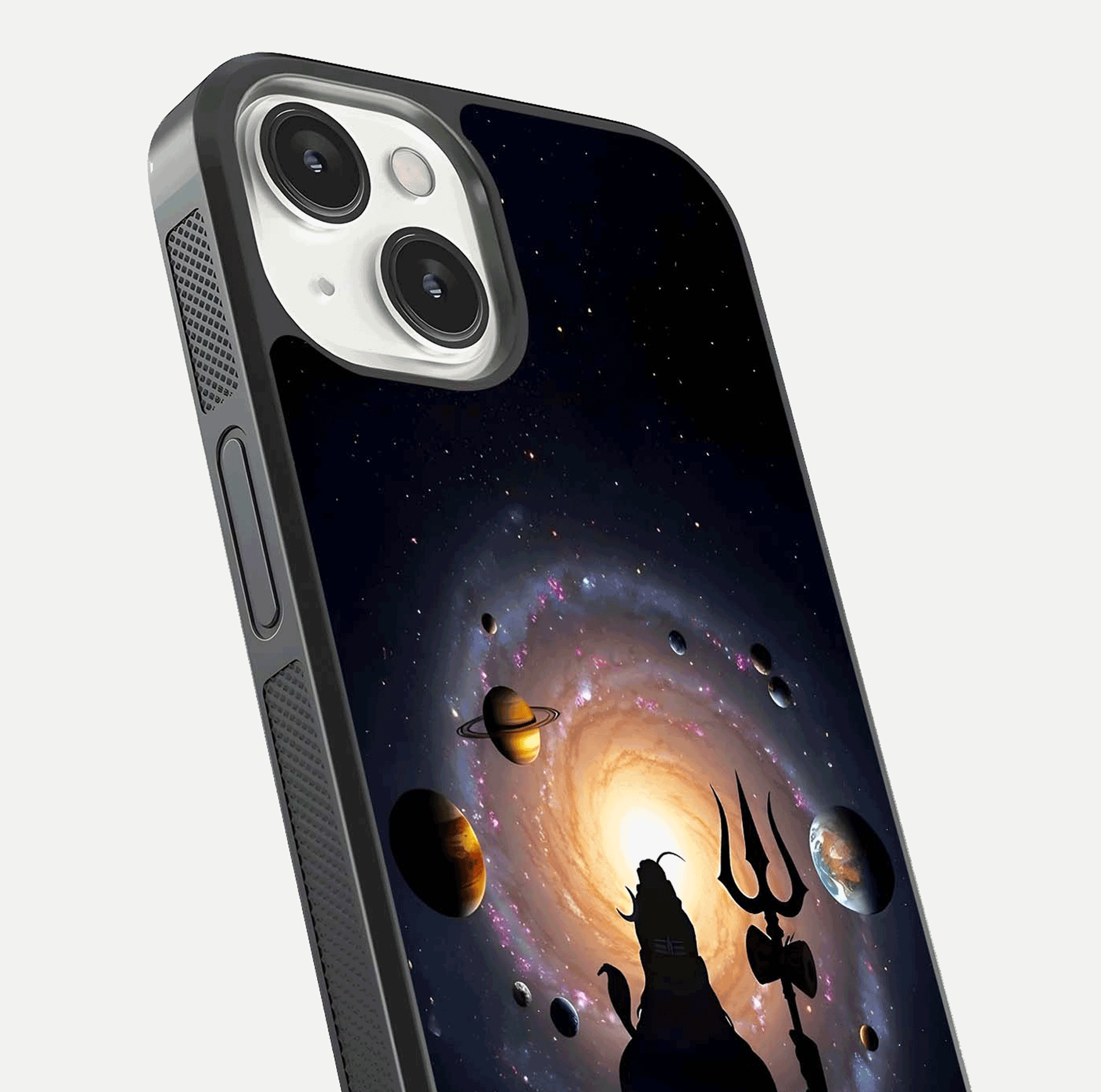 Galactic Shiva Vision Glass Case for iPhone 13 Mini close-up angled shot highlighting divine aura, trident details, and reflection shine