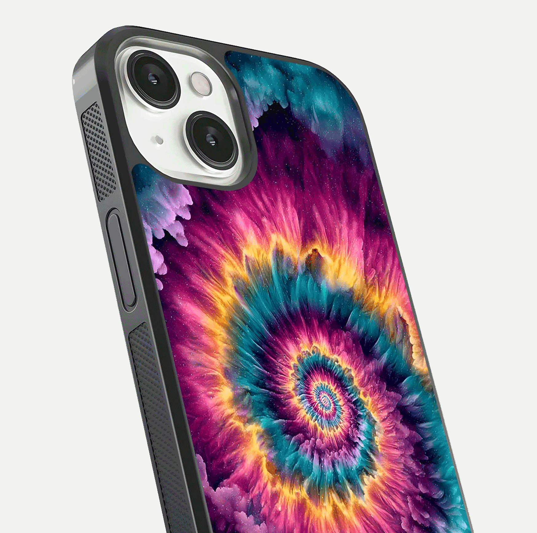 Galactic Spiral Burst Glass Case for iPhone 13 Mini close-up angled shot showing spiral burst detail, neon tones, and glossy reflection