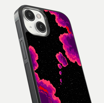 Galaxy Dream Frame Glass Case for iPhone 13 Mini close-up angled shot showing nebula patterns and reflection glow