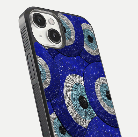 Galaxy Eye Flow Glass Case for iPhone 13 Mini close-up angled shot showing vivid swirl detail and reflection brightness