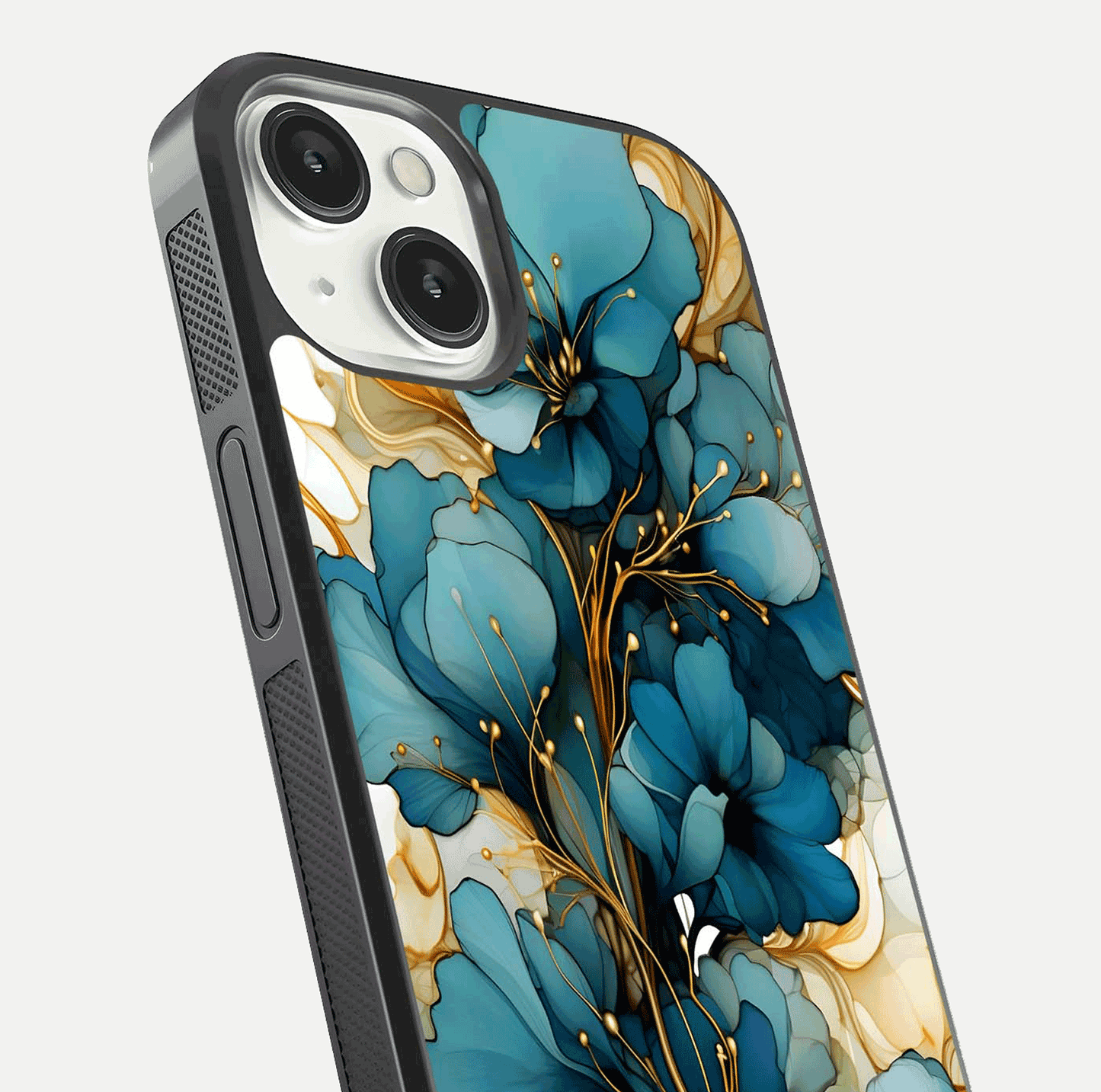 Golden Bloom Symphony Glass Case for iPhone 13 Mini close-up angled shot showing detailed petals and metallic gold reflection