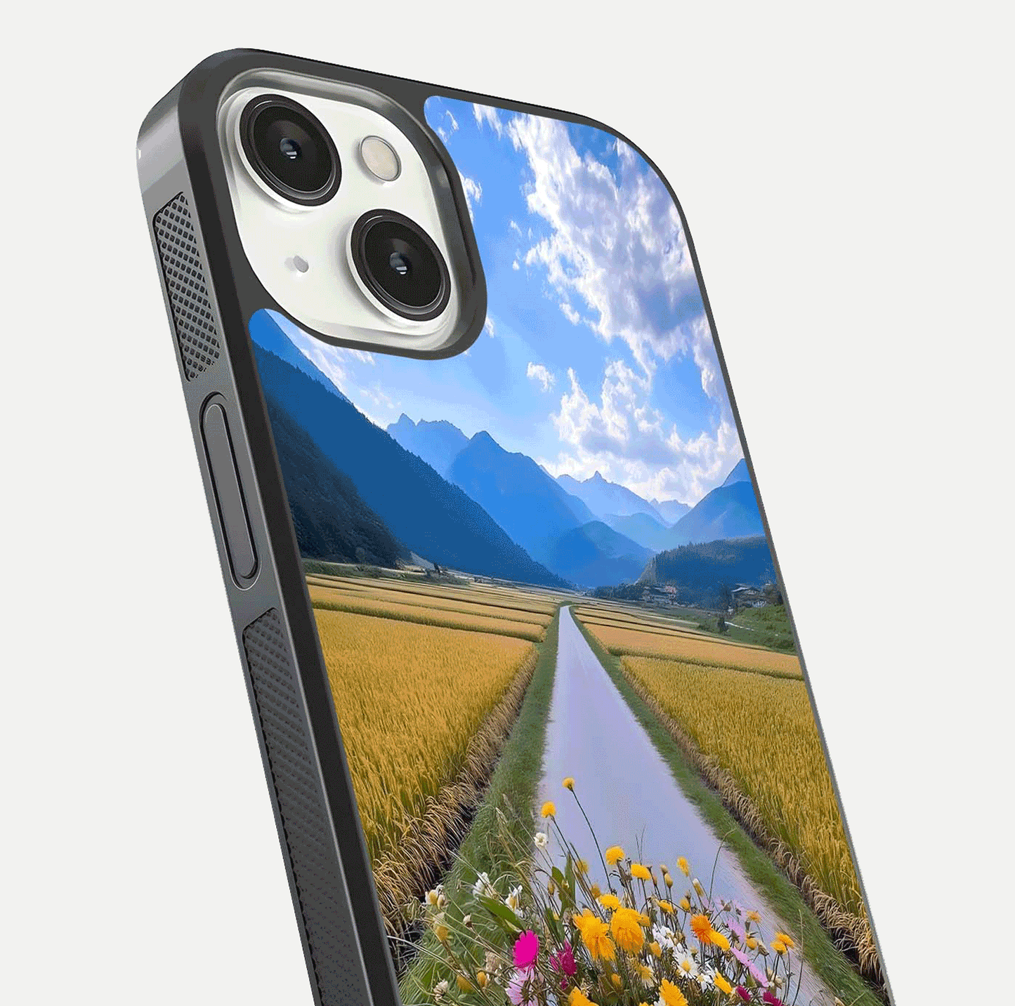 Golden Field Journey Glass Case for iPhone 13 Mini close-up angled shot showing sunlight tones and reflection clarity