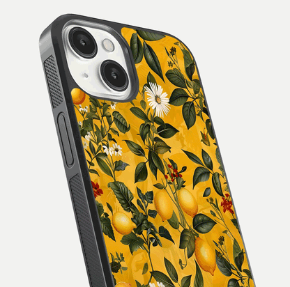 Golden Lemon Field Glass Case for iPhone 13 Mini close-up angled shot showing citrus texture and reflection brilliance