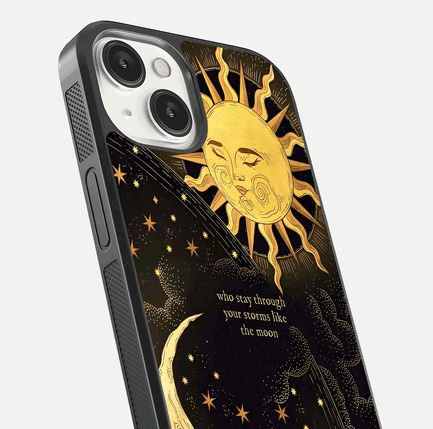 Golden Lunar Love Glass Case for iPhone 13 Mini close-up angled shot showing moon glow, texture, and reflection polish