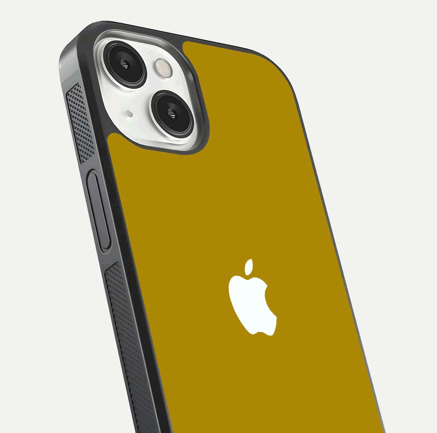 Golden Luxe Aura Glass Case for iPhone 13 Mini close-up angled shot showing metallic shine and light reflection