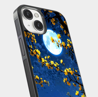 Golden Night Glow Glass Case for iPhone 13 Mini close-up angled shot showing shimmer texture and light reflection