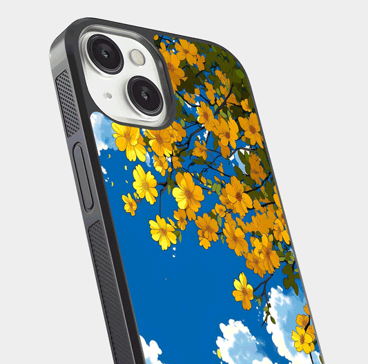 Golden Petal Sky Glass Case for iPhone 13 Mini close-up angled shot showing petal texture and shine reflection