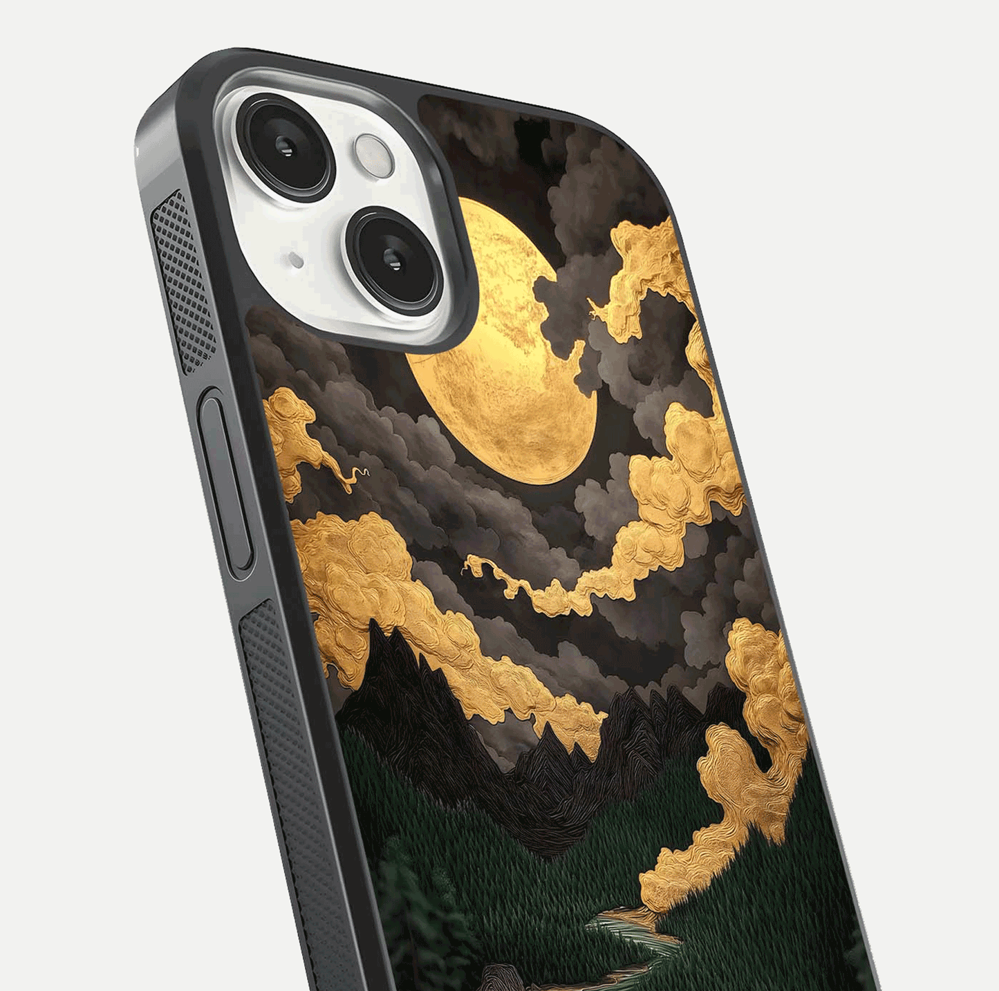 Golden River Moon Glass Case for iPhone 13 Mini close-up angled shot showing moon reflection and water shine