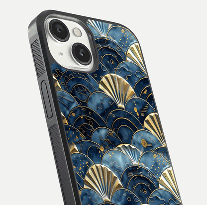Golden Wave Luxe Glass Case for iPhone 13 Mini close-up angled shot showing flowing wave texture and reflection brightness