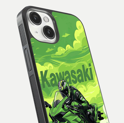 Green Kawasaki Glass Case for iPhone 13 Mini close-up angled shot showing sporty line details and reflection shine