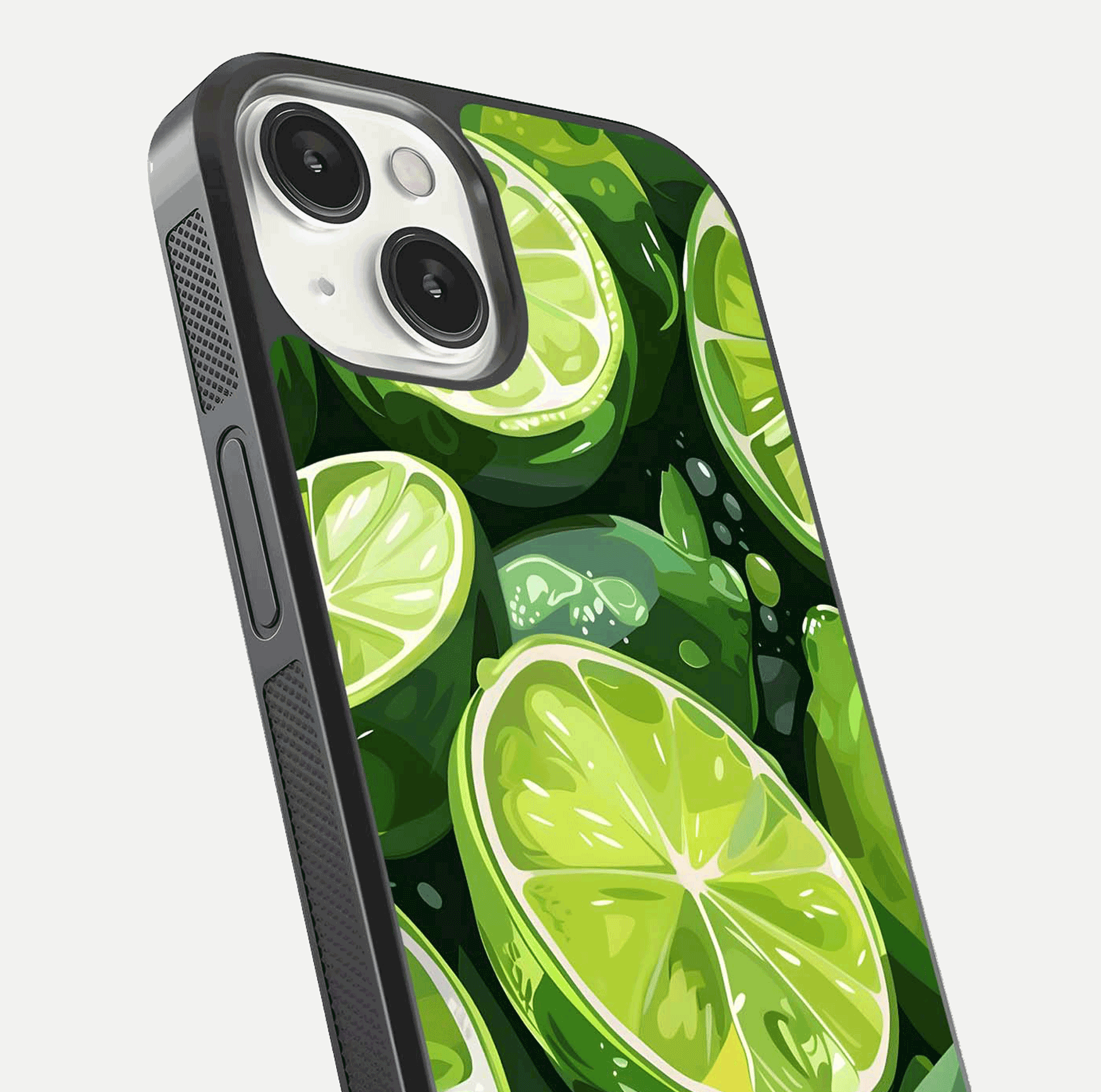 Green Lemon Glass Case for iPhone 13 Mini close-up angled shot showing lemon slice texture and reflection brightness
