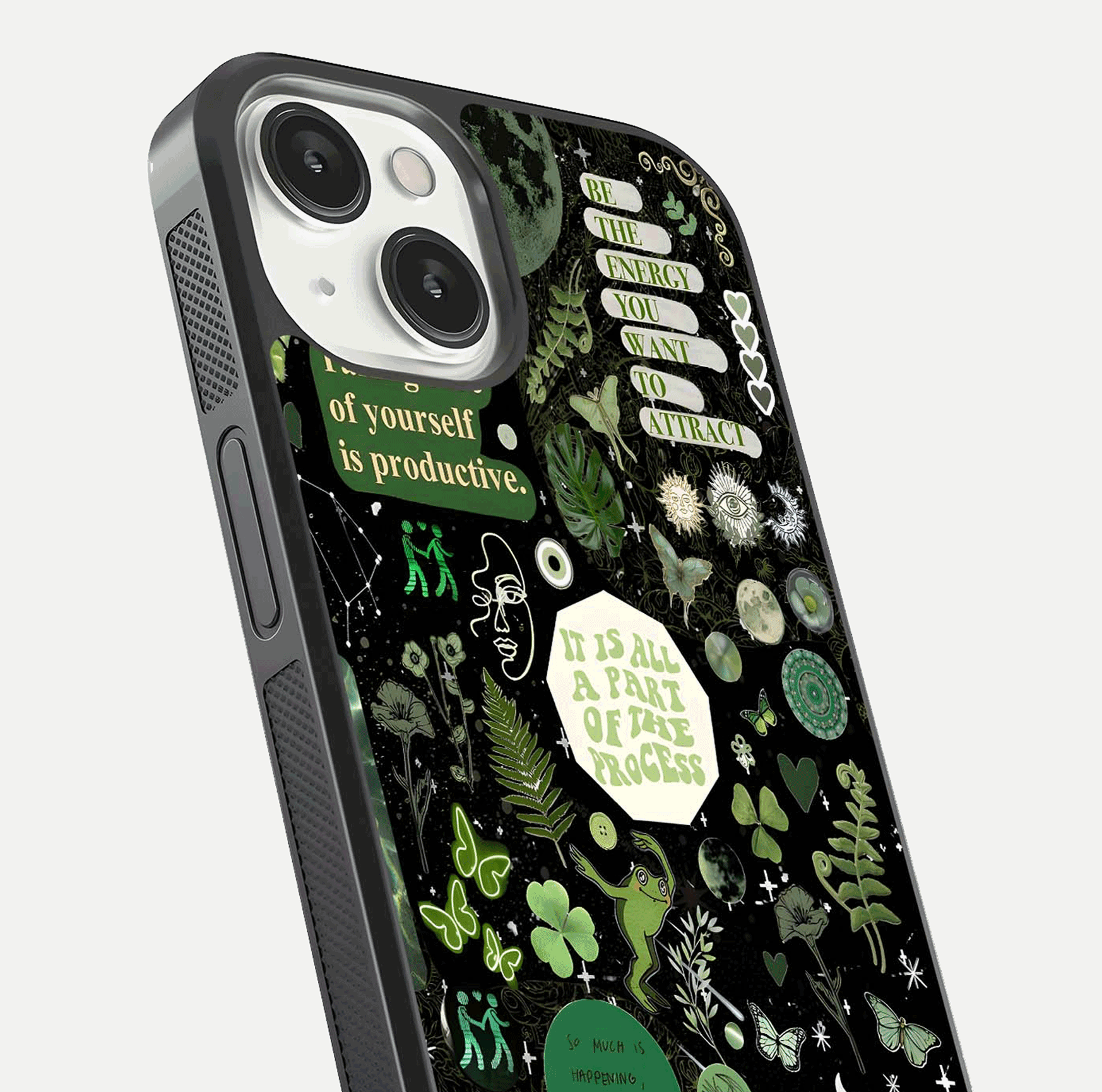 Green Moon Energy Glass Case for iPhone 13 Mini close-up angled shot showing glowing lunar detail and reflection shine