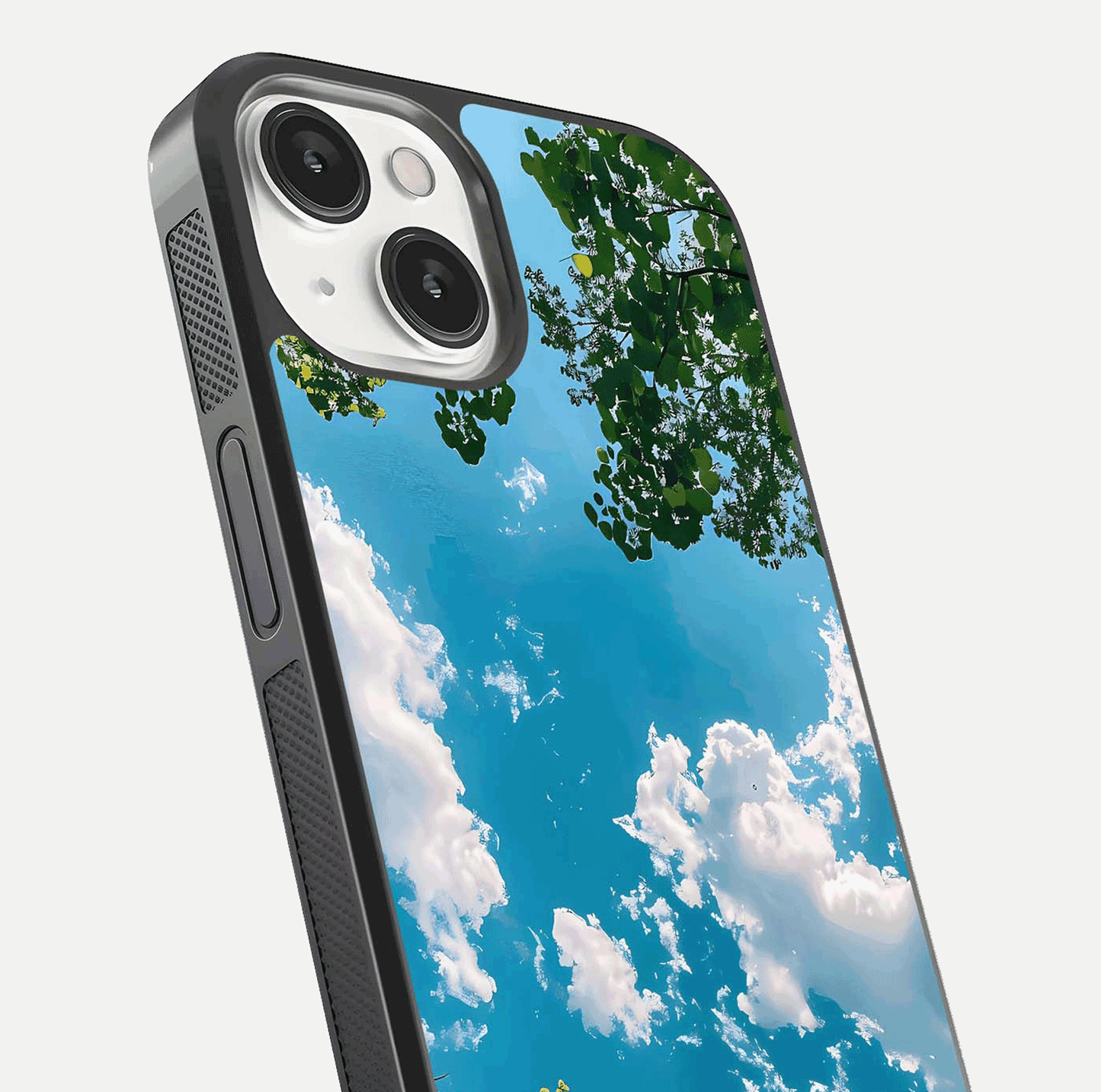 Greenery Sky Glass Case for iPhone 13 Mini close-up angled shot showing leafy tones and reflection brightness