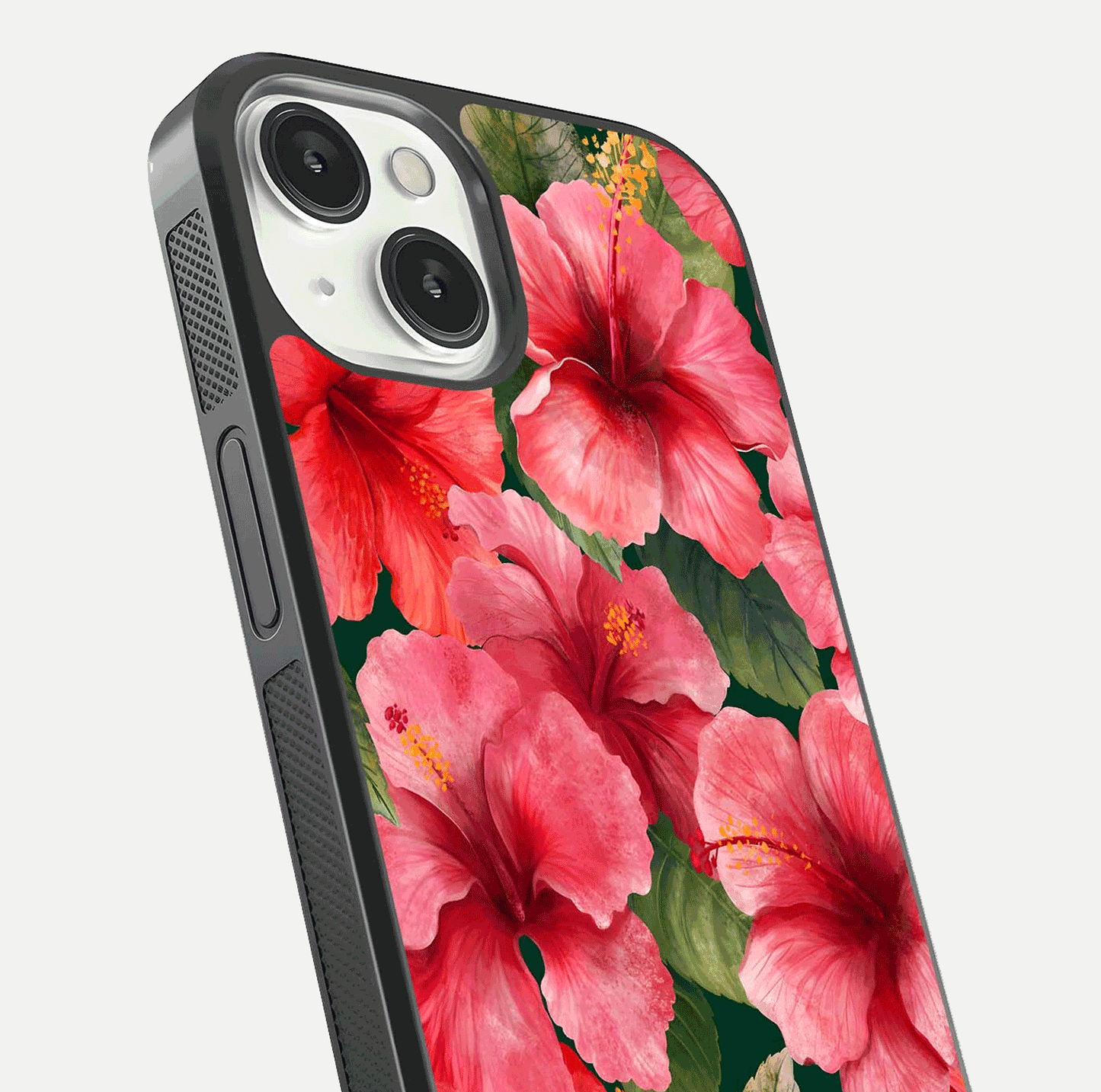 Hibiscus Pattern Glass Case for iPhone 13 Mini close-up angled shot showing flower details and gloss reflection
