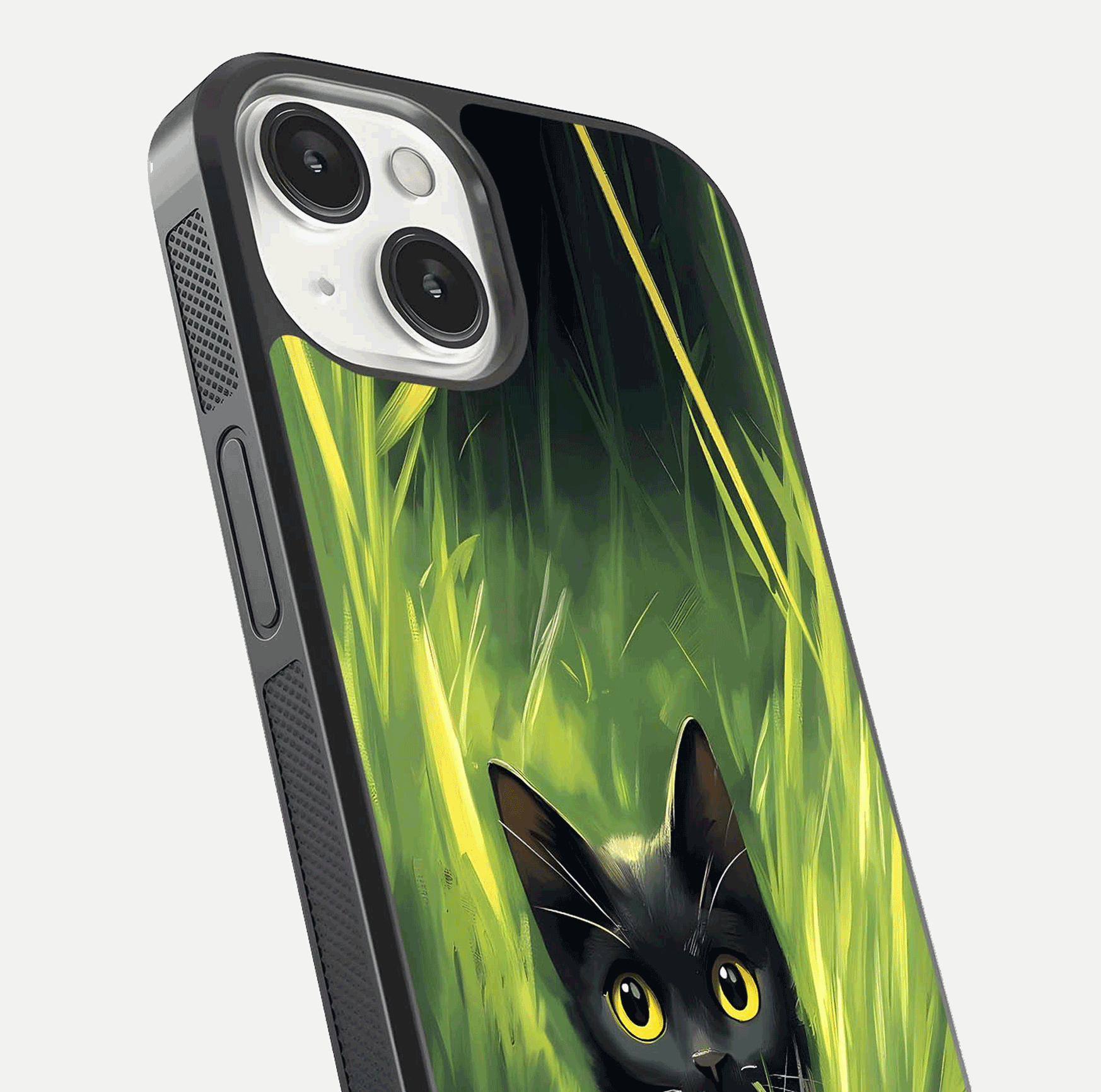 Hidden Cat Whisper Glass Case for iPhone 13 Mini close-up angled shot showing feline details and reflection polish